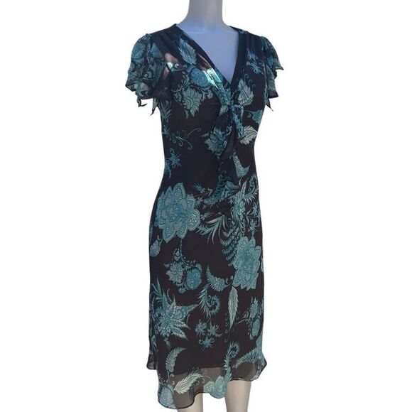 MSK Midi Dress Women's Sz 10 Brown Teal Floral Twist Front Ruffle Flutter Sleeve - Picture 12 of 16